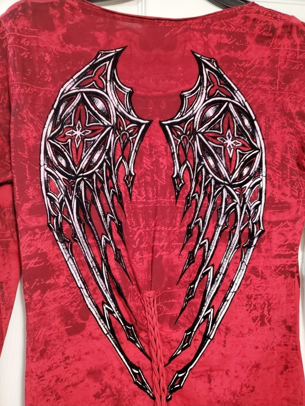 Women's Long Sleeve Red Affliction Shirt velvet wings cross distressed